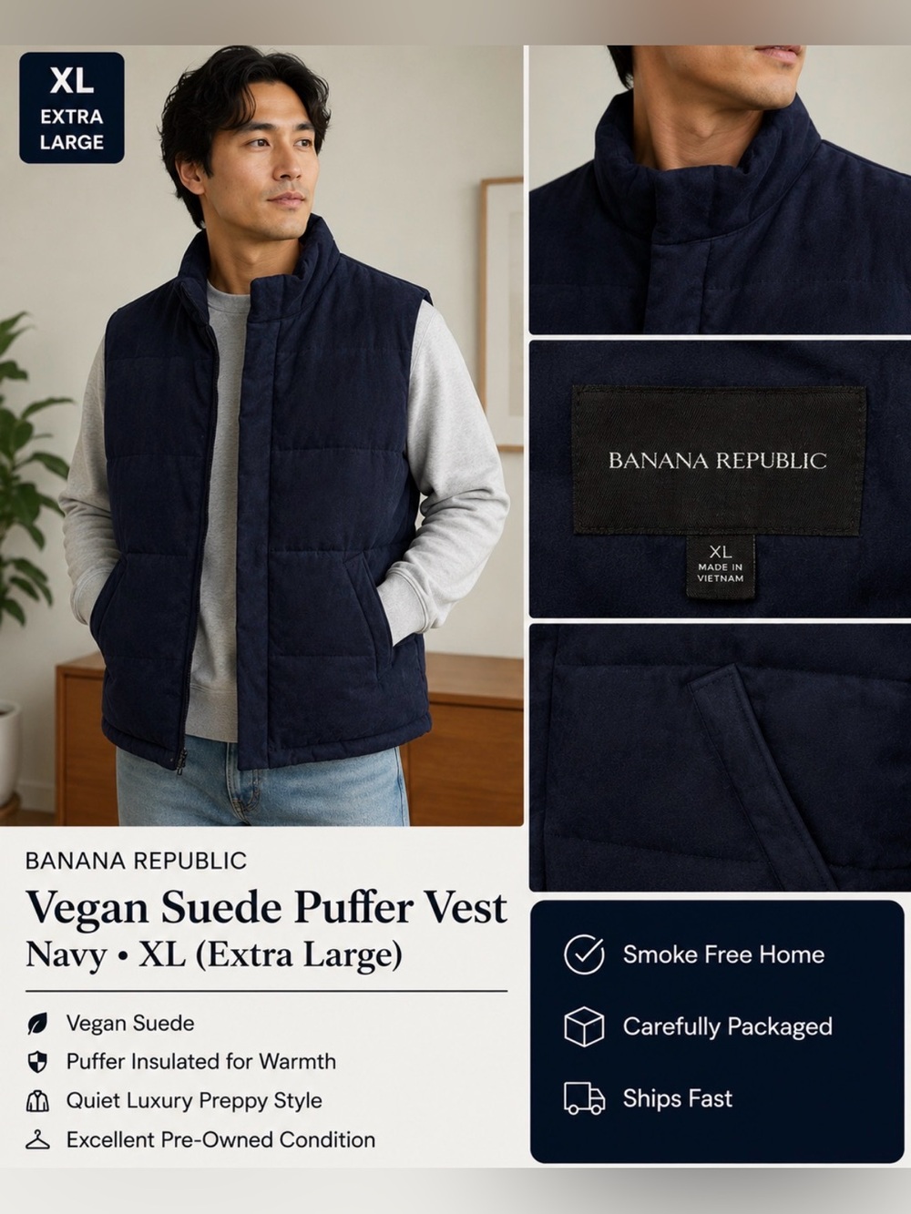 Banana Republic Vegan Suede Puffer Vest XL Navy Quiet Luxury Preppy
